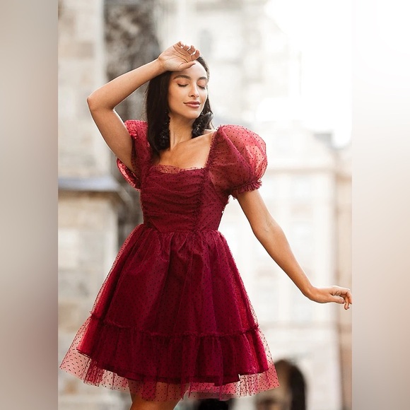 NEW Burgundy Polka Dot Puff Dress - Picture 3 of 4